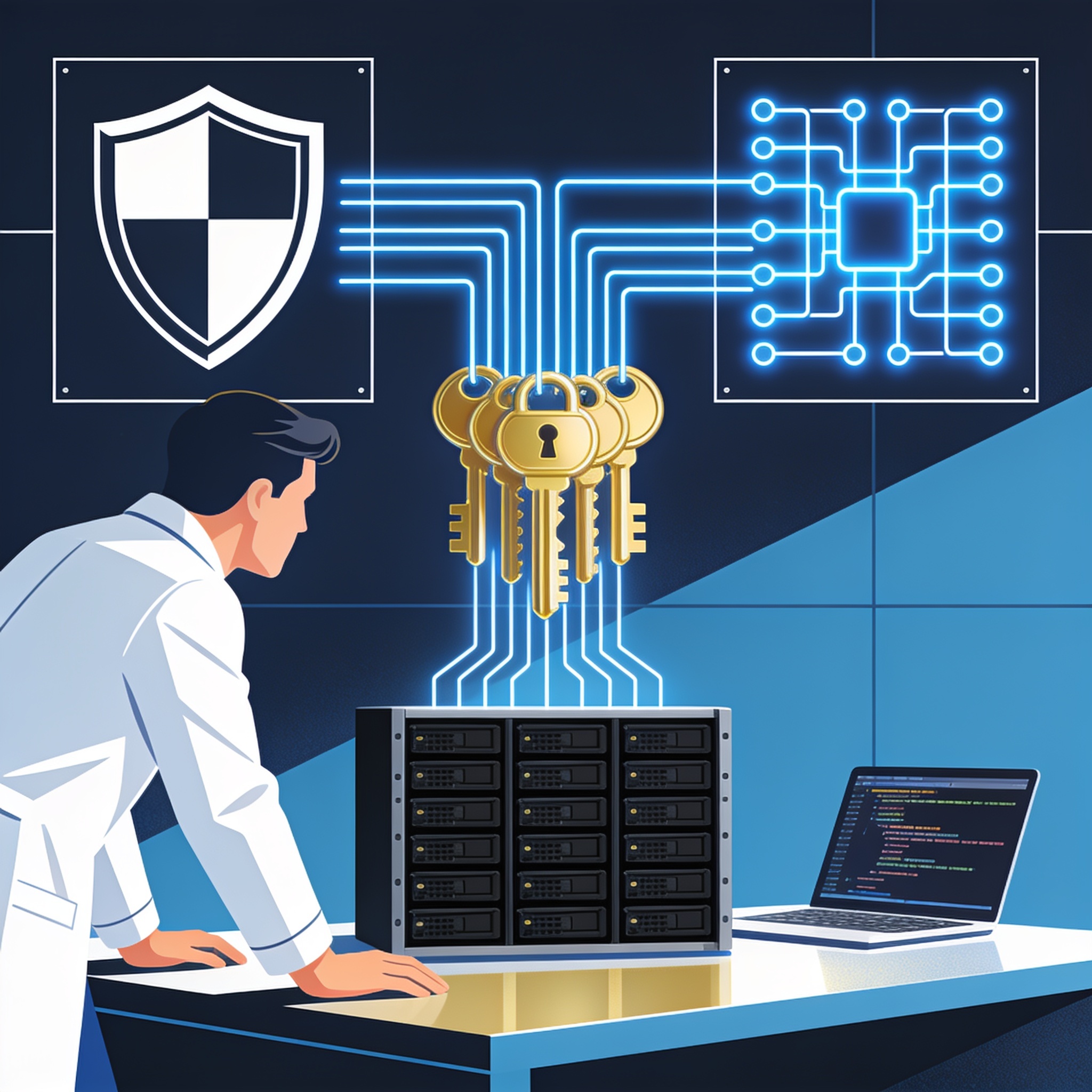 Stylized shield morphing into a quantum circuit representing post-quantum cryptography