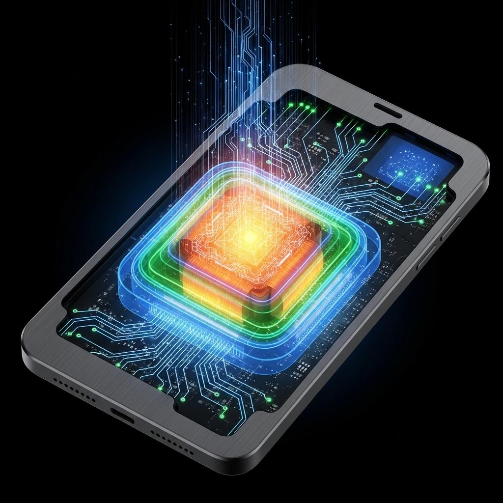 Circuit board with a small transformer model running locally inside a device silhouette