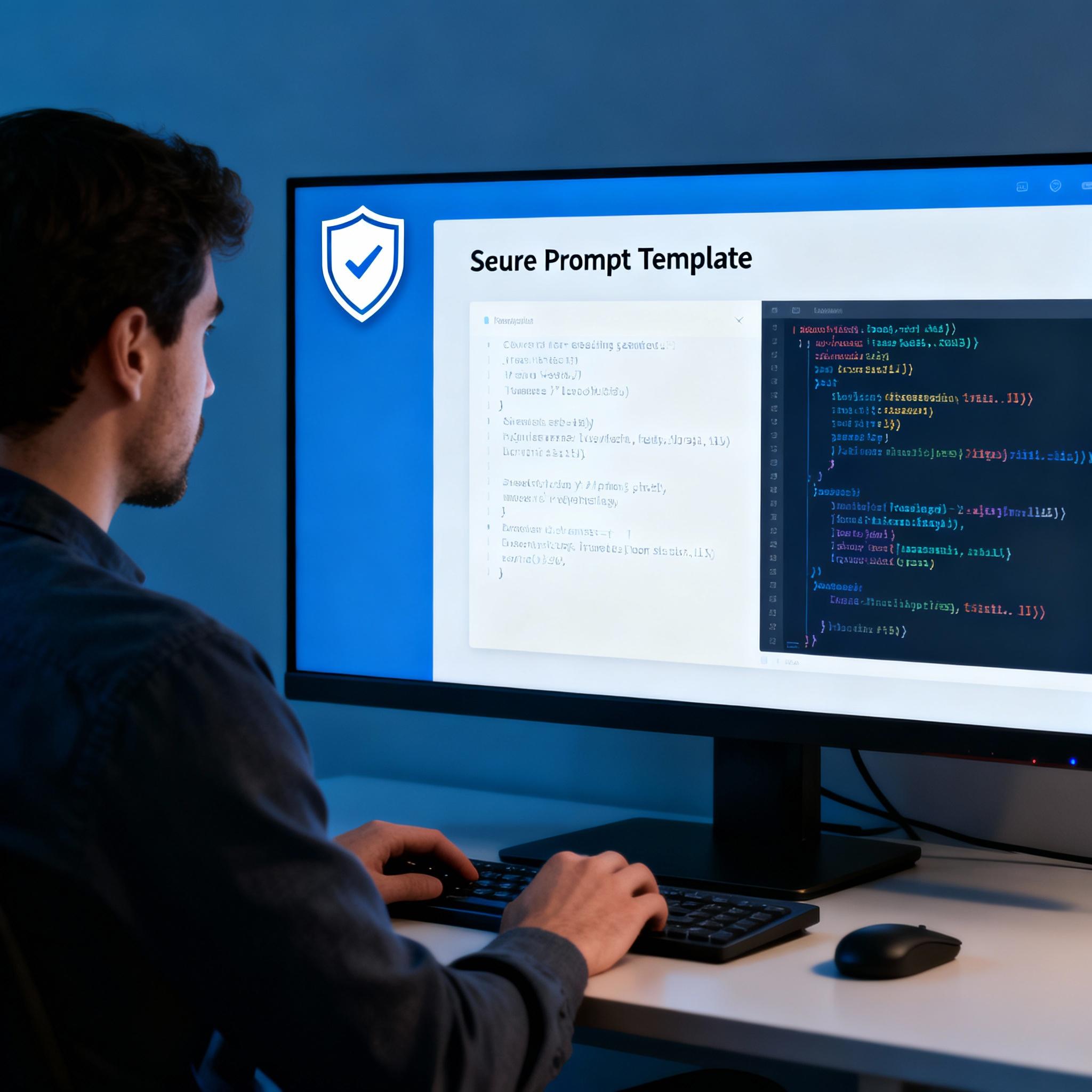 Developer reviewing a secure prompt template with shield icon