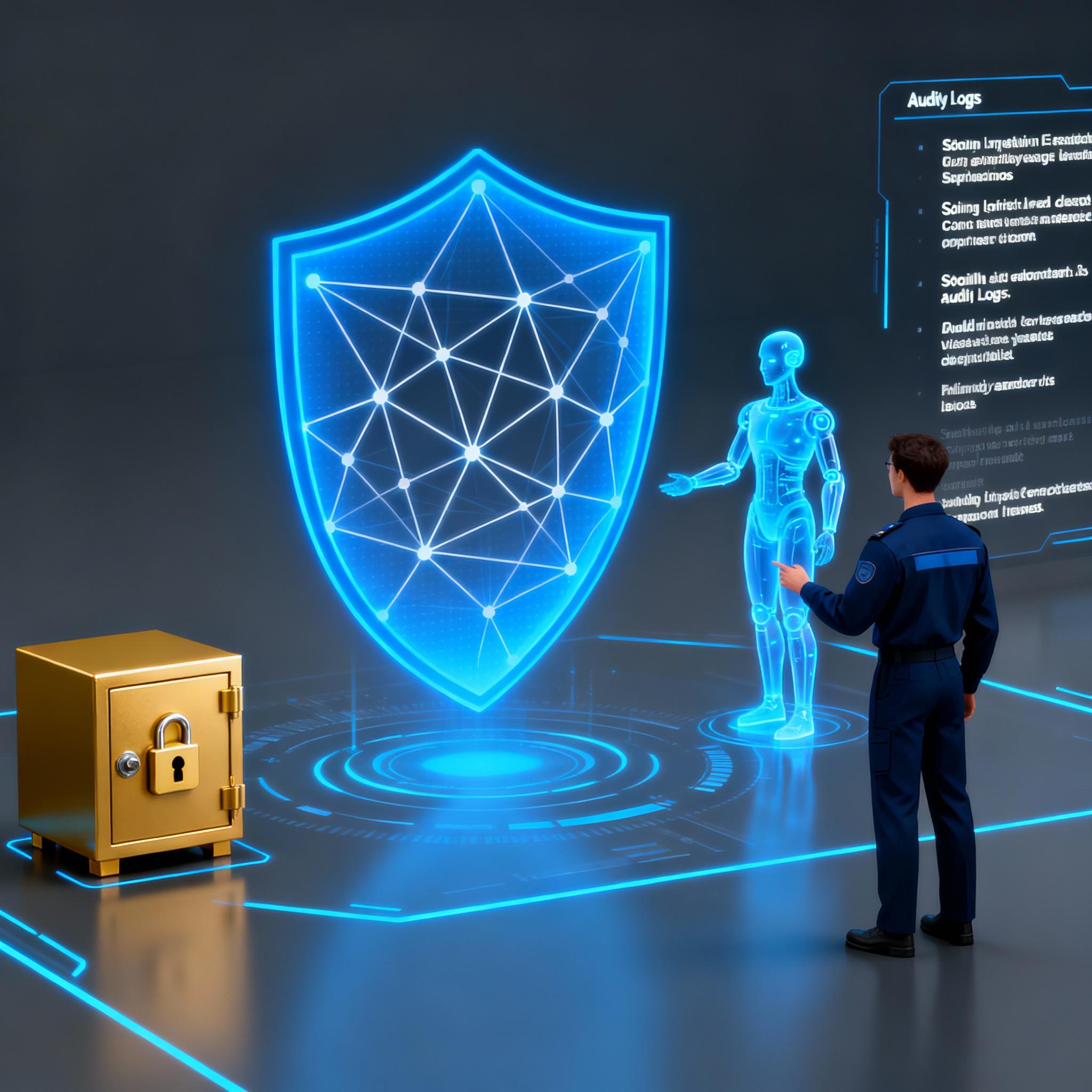 Abstract shield with neural network motifs representing secure AI for security operations