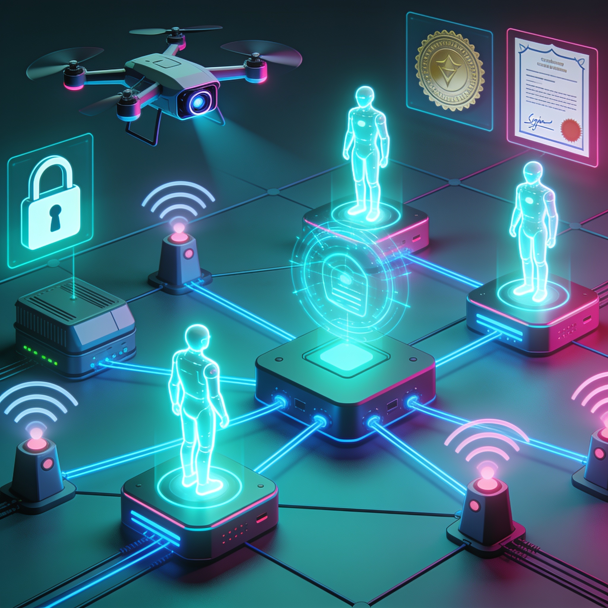 Illustration of multiple autonomous AI agents operating on distributed edge devices with security overlays