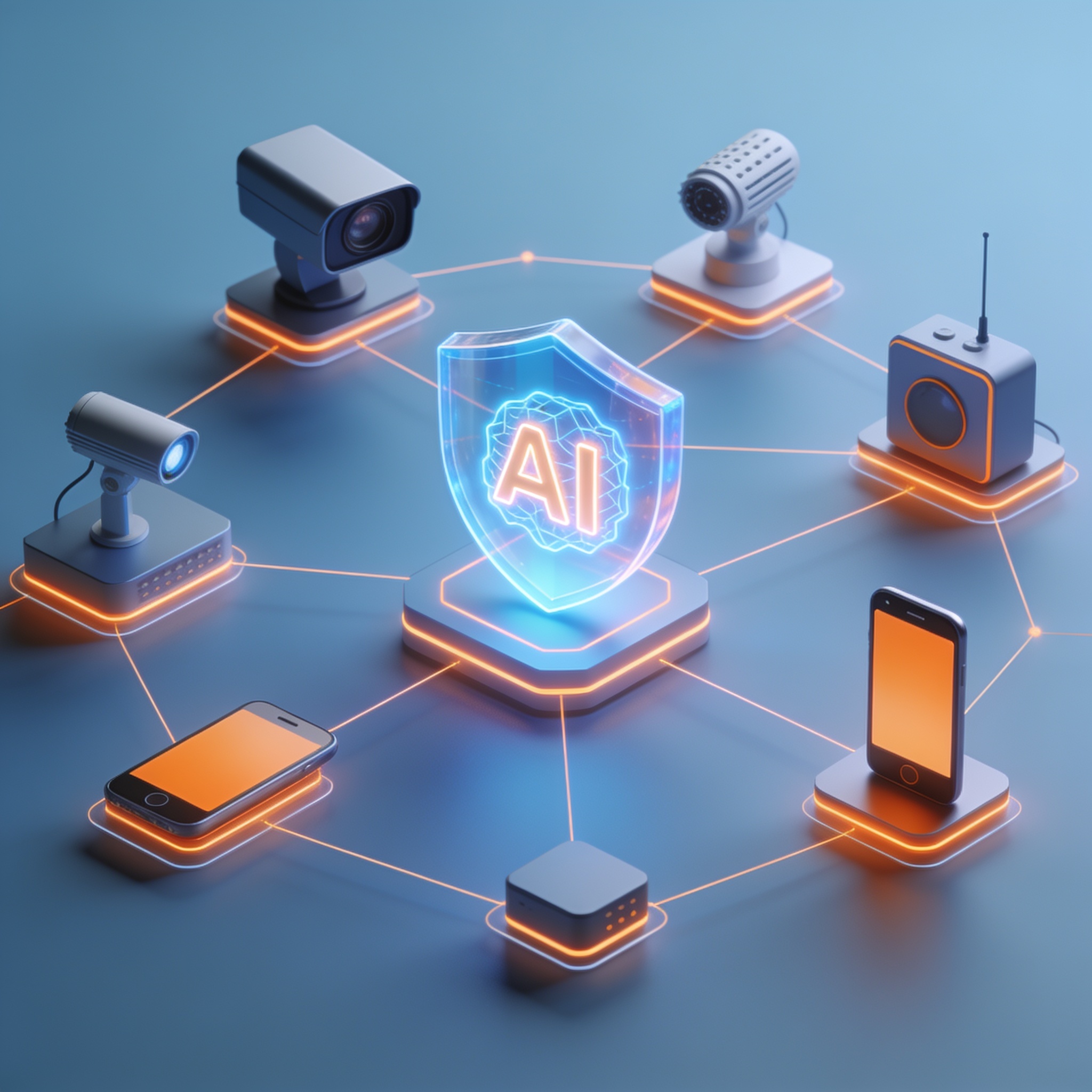 Illustration of AI models deployed on many edge devices with a shield protecting against attacks