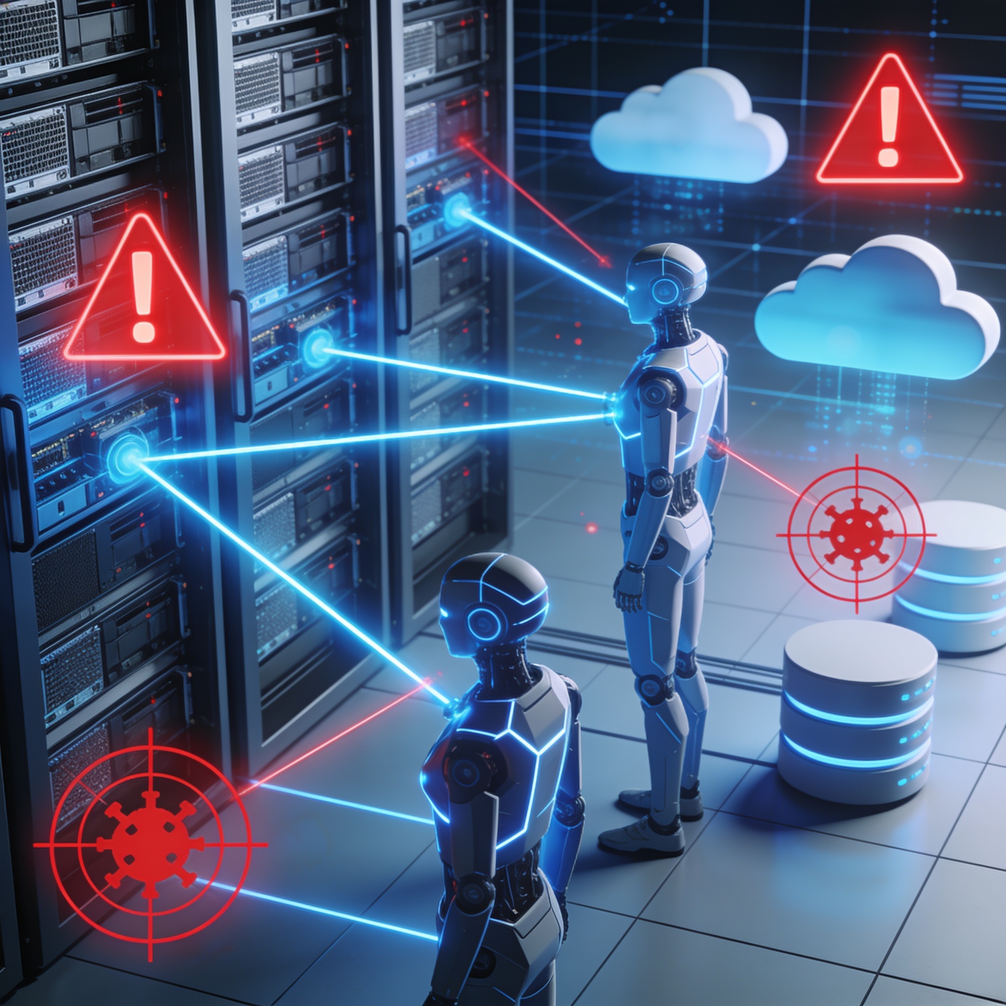 A row of humanoid agent icons connected to enterprise servers with warning overlays