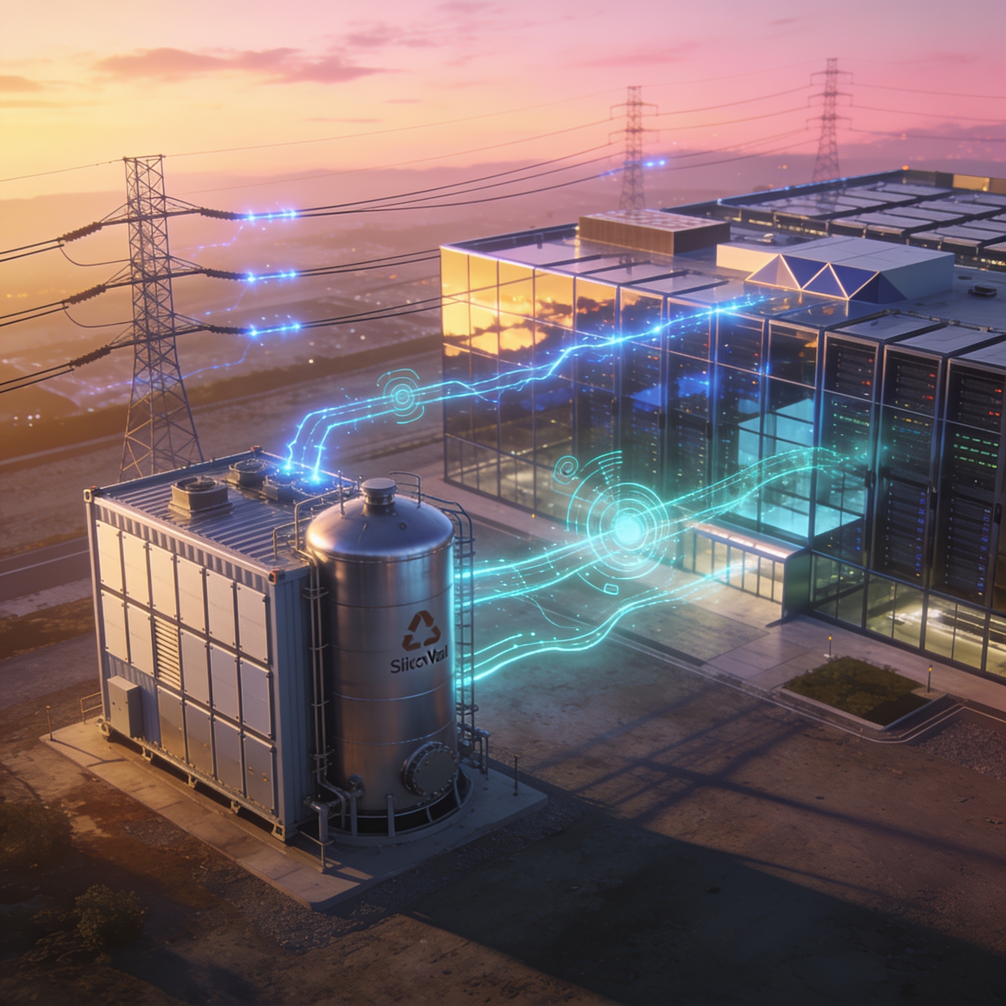 An aerial view of a data center and a compact nuclear reactor module with power lines under a Silicon Valley skyline