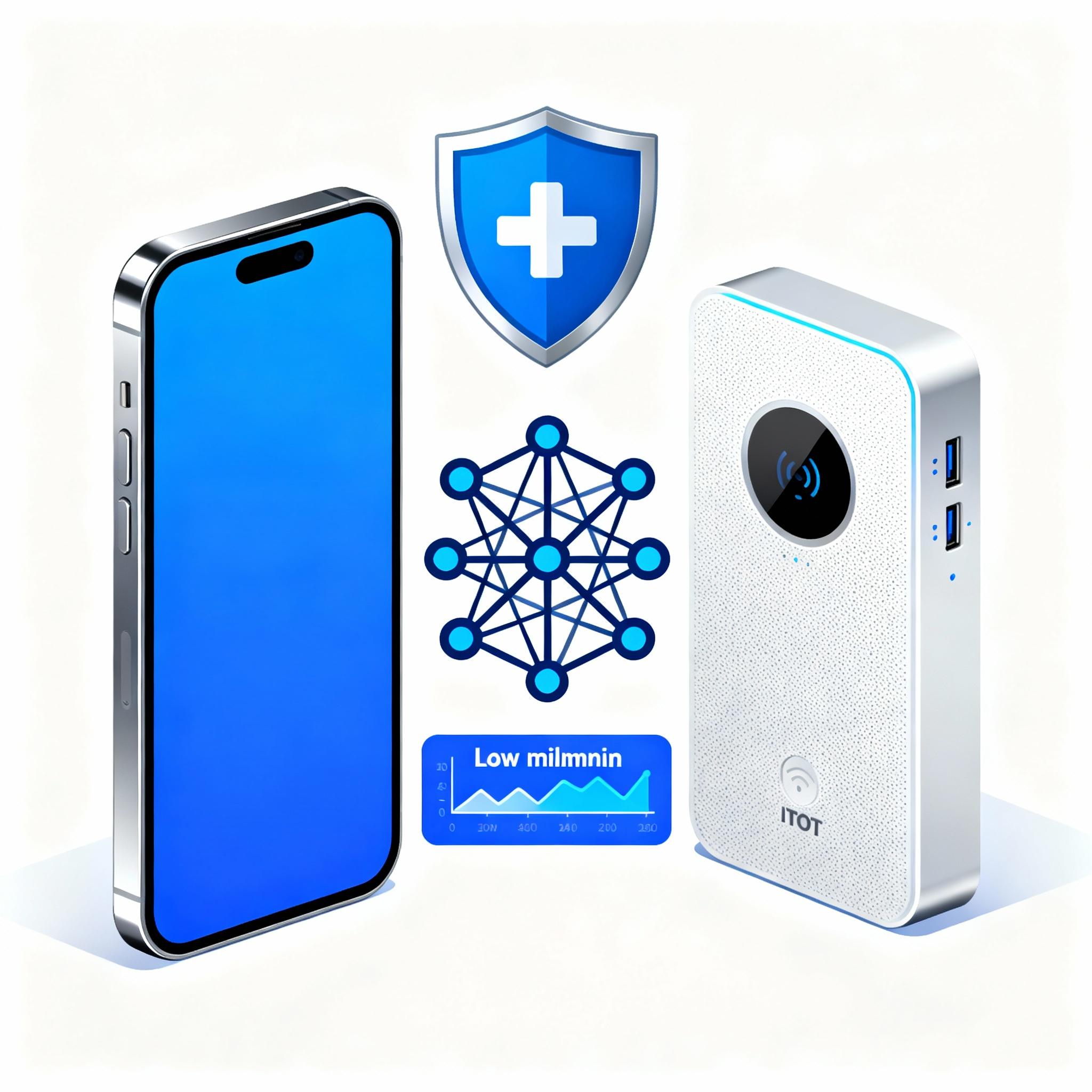 Smartphone with a small neural network icon and a privacy shield, graph showing low latency