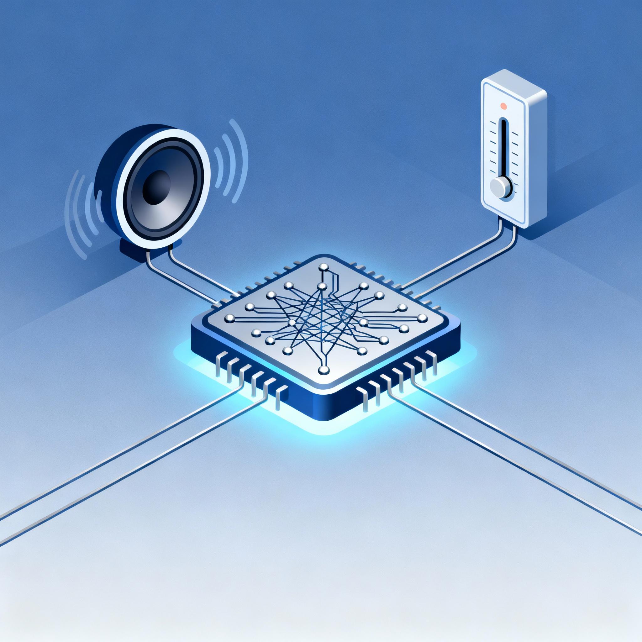 A tiny LLM represented as a microchip powering a smart home device