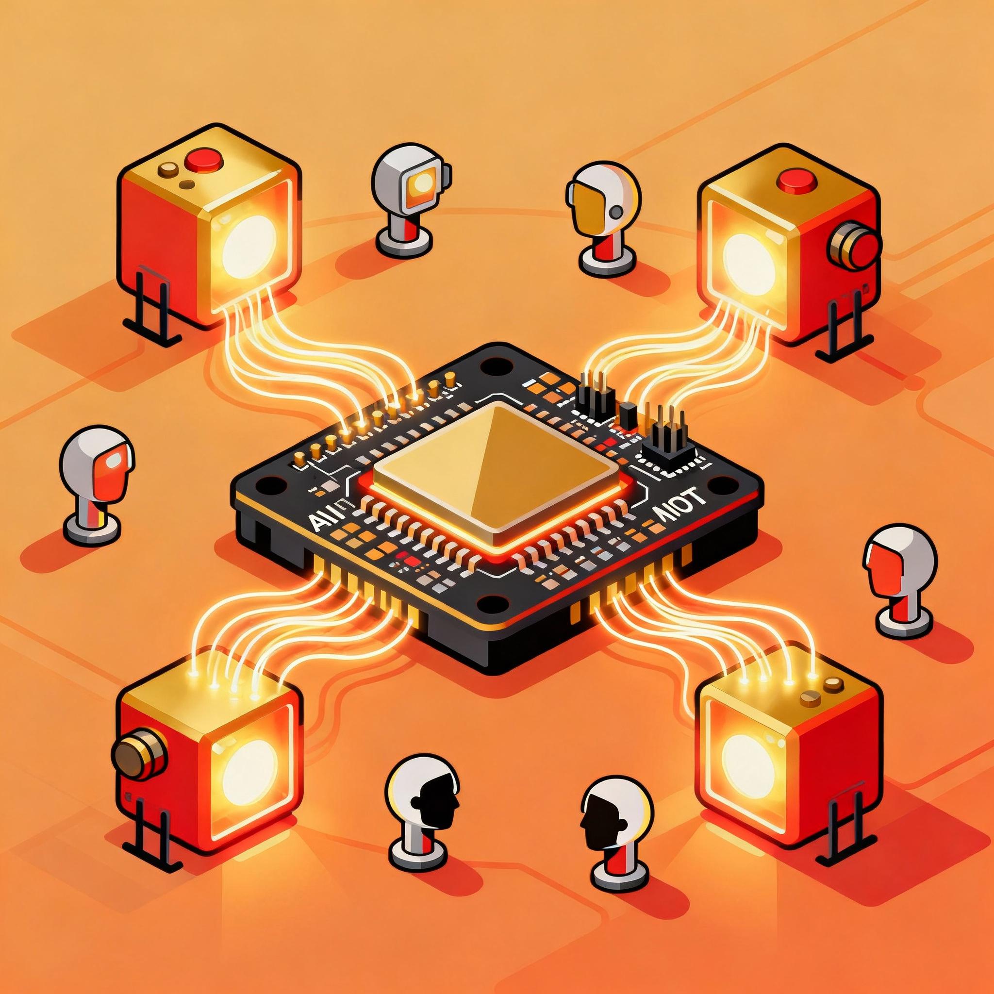 A small microcontroller board with stylized transformer blocks and tiny neural network nodes glowing on-device