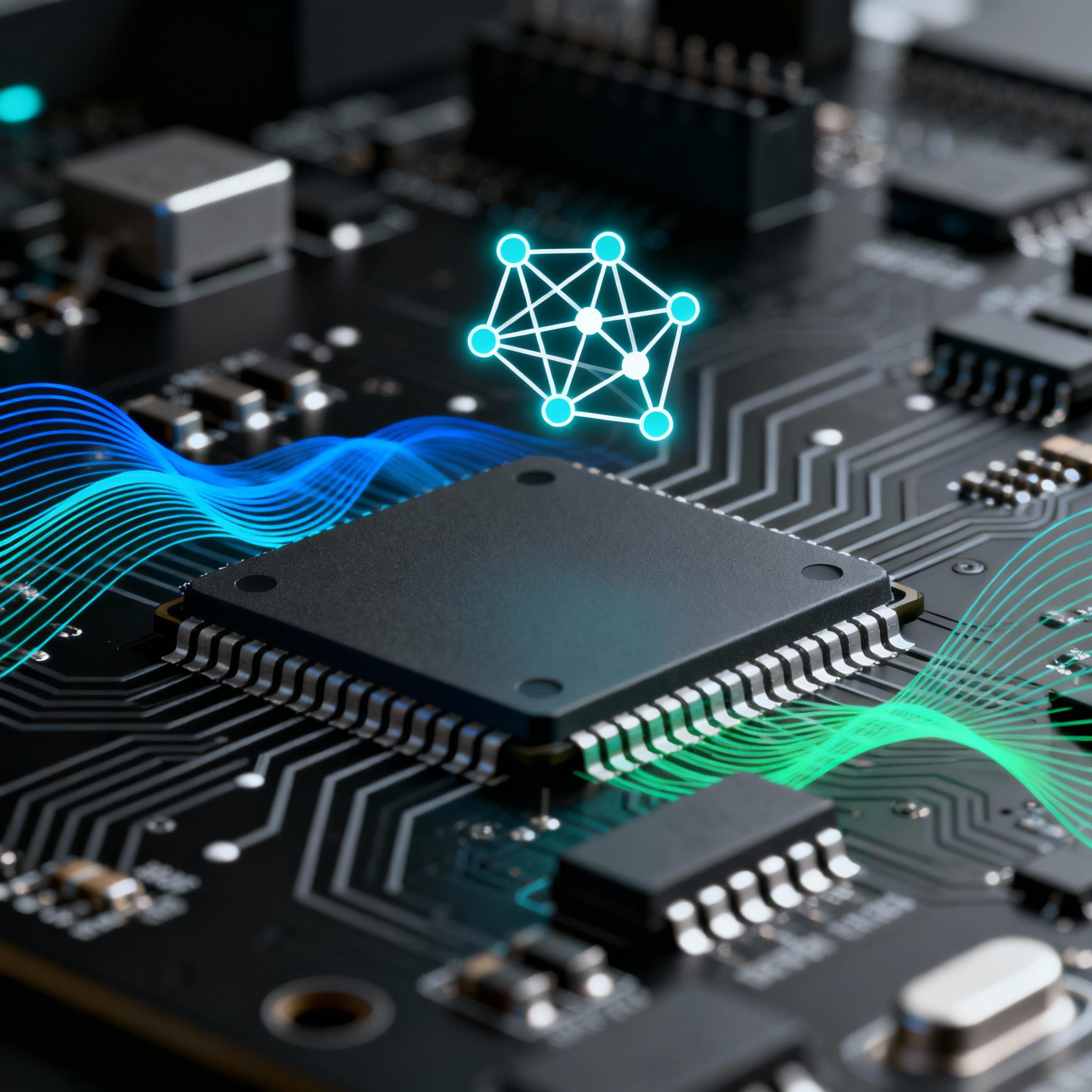 Microcontroller board with signal waveform icons and a tiny neural network overlay