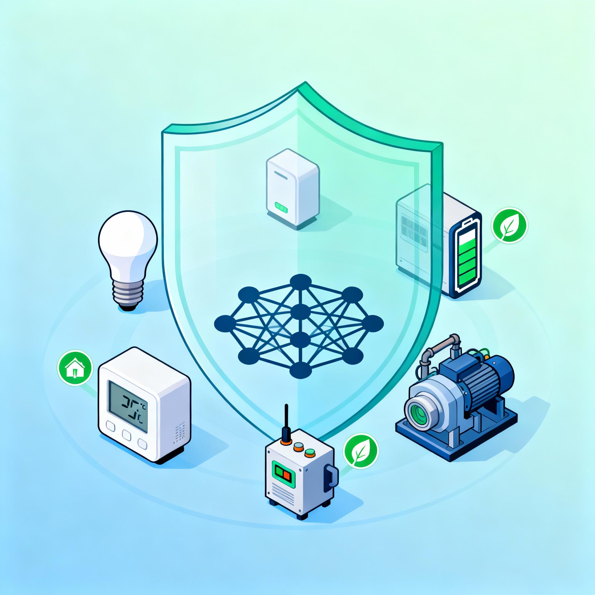 Small IoT devices performing on-device ML with shield representing privacy and low-power icons