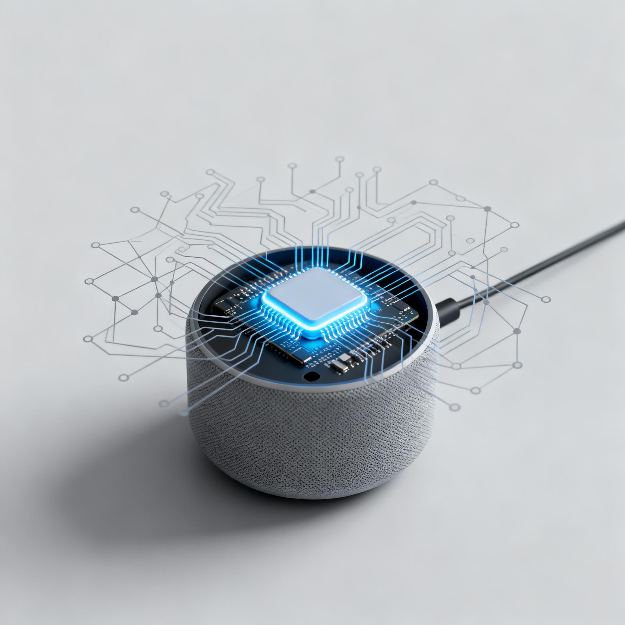 A compact smart home device with a glowing microcontroller and neural network diagrams